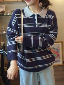 DAZY Striped Polo Neck Drop Shoulder Sweater Fall - Blue - View 4