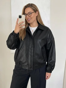Livesso Jaket Kulit PU Kasual Warna Polos, Longgar, Model Blogger, Mengikat Pinggang, Gaya Baru Musim Semi/Gugur - Hitam - View 5