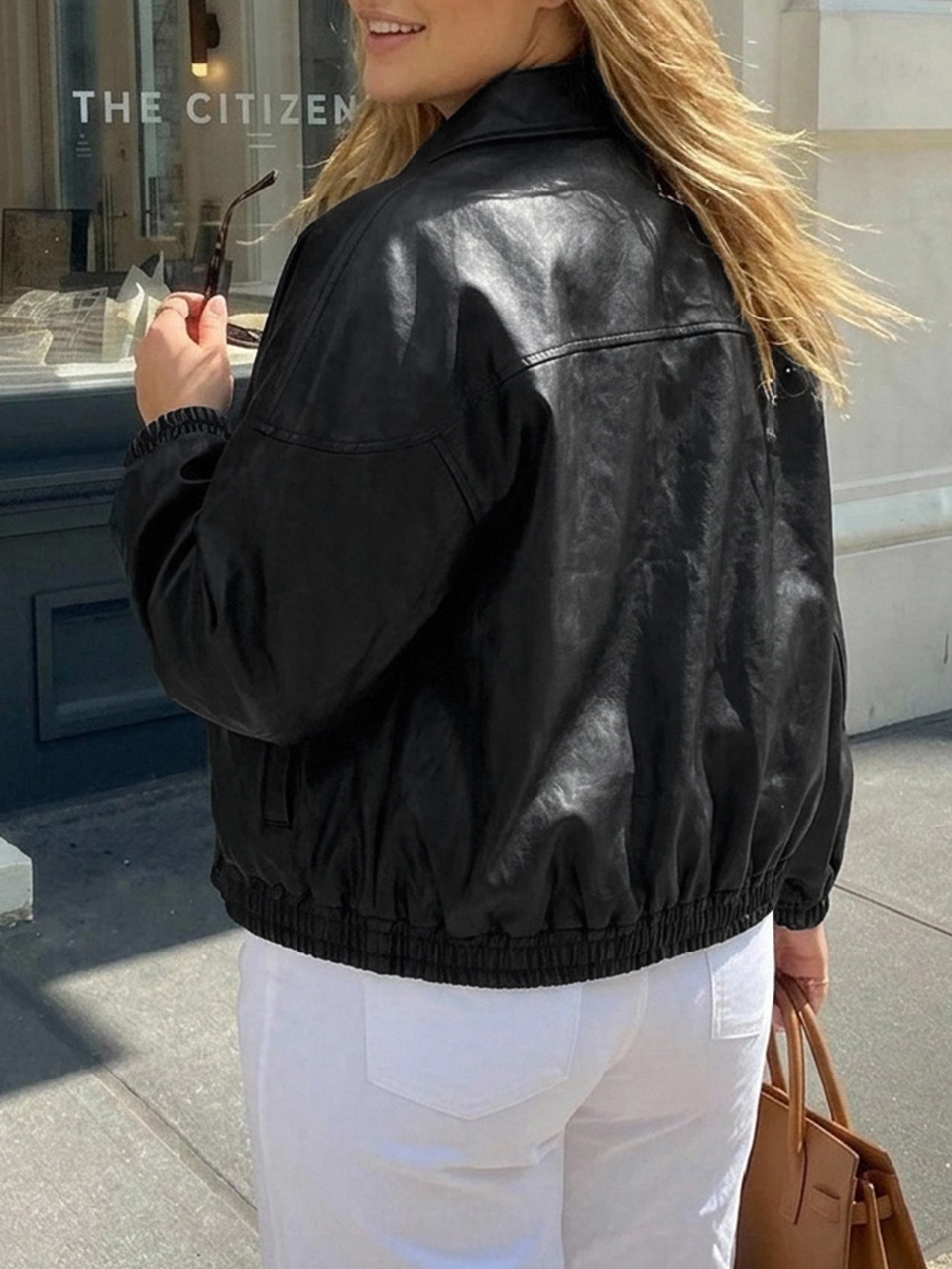 Solid Color Street Casual PU Leather Loose Blogger Waist-Cinching Leather Jacket Coat Spring/Autumn New Style