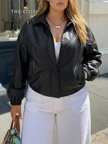 Livesso Jaket Kulit PU Kasual Warna Polos, Longgar, Model Blogger, Mengikat Pinggang, Gaya Baru Musim Semi/Gugur - Hitam - View 3