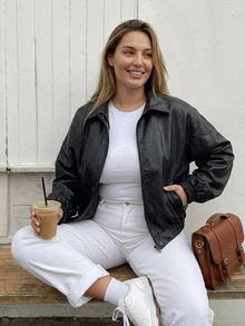 Livesso Jaket Kulit PU Kasual Warna Polos, Longgar, Model Blogger, Mengikat Pinggang, Gaya Baru Musim Semi/Gugur - Hitam - View 6