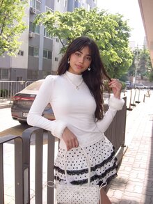 Sweetina Casual High Neck Solid Color Long Sleeve T-Shirt With Frayed Cuff Trim - White - View 5
