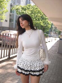 Sweetina Casual High Neck Solid Color Long Sleeve T-Shirt With Frayed Cuff Trim - White - View 4