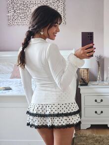 Sweetina Casual High Neck Solid Color Long Sleeve T-Shirt With Frayed Cuff Trim - White - View 2