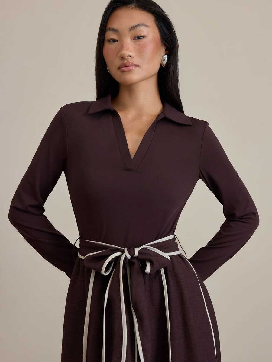 COSMINA Women's Casual Elegant Colorblock Striped Long Sleeve Brown Dress - Dark Brown - View 1