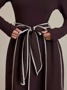 COSMINA Women's Casual Elegant Colorblock Striped Long Sleeve Brown Dress - Dark Brown - View 5
