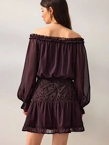 Willow Rêve Gaun Mini Wanita Ungu Tua Berkerut, Patchwork Renda, Leher Ikat, Berkerut, Lengan Panjang Longgar, Polos, Gaya Bohemian Romantis Musim Gugur, Cocok untuk Liburan dan Brunch - Coklat - View 2