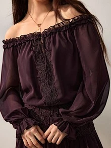 Willow Rêve Gaun Mini Wanita Ungu Tua Berkerut, Patchwork Renda, Leher Ikat, Berkerut, Lengan Panjang Longgar, Polos, Gaya Bohemian Romantis Musim Gugur, Cocok untuk Liburan dan Brunch - Coklat - View 1