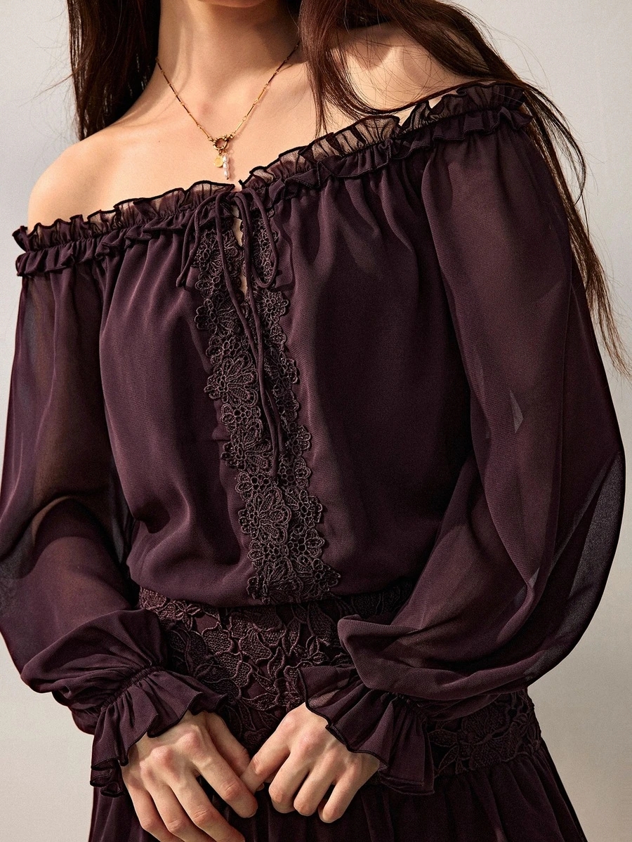 Willow Rêve Gaun Mini Wanita Ungu Tua Berkerut, Patchwork Renda, Leher Ikat, Berkerut, Lengan Panjang Longgar, Polos, Gaya Bohemian Romantis Musim Gugur, Cocok untuk Liburan dan Brunch - Coklat - View 1