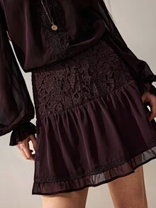Willow Rêve Gaun Mini Wanita Ungu Tua Berkerut, Patchwork Renda, Leher Ikat, Berkerut, Lengan Panjang Longgar, Polos, Gaya Bohemian Romantis Musim Gugur, Cocok untuk Liburan dan Brunch - Coklat - View 7