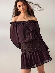 Willow Rêve Gaun Mini Wanita Ungu Tua Berkerut, Patchwork Renda, Leher Ikat, Berkerut, Lengan Panjang Longgar, Polos, Gaya Bohemian Romantis Musim Gugur, Cocok untuk Liburan dan Brunch - Coklat - View 3