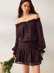 Willow Rêve Gaun Mini Wanita Ungu Tua Berkerut, Patchwork Renda, Leher Ikat, Berkerut, Lengan Panjang Longgar, Polos, Gaya Bohemian Romantis Musim Gugur, Cocok untuk Liburan dan Brunch - Coklat - View 8