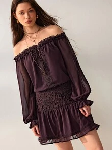 Willow Rêve Gaun Mini Wanita Ungu Tua Berkerut, Patchwork Renda, Leher Ikat, Berkerut, Lengan Panjang Longgar, Polos, Gaya Bohemian Romantis Musim Gugur, Cocok untuk Liburan dan Brunch - Coklat - View 5