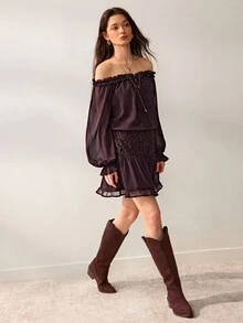 Willow Rêve Gaun Mini Wanita Ungu Tua Berkerut, Patchwork Renda, Leher Ikat, Berkerut, Lengan Panjang Longgar, Polos, Gaya Bohemian Romantis Musim Gugur, Cocok untuk Liburan dan Brunch - Coklat - View 4