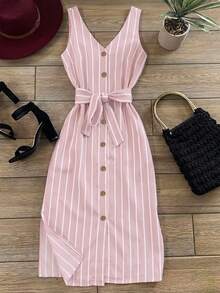 INAWLY Women's Striped Single-Breasted Waist-Knot Casual Sleeveless Dress - Pink - View 3
