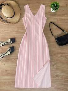 INAWLY Women's Striped Single-Breasted Waist-Knot Casual Sleeveless Dress - Pink - View 2
