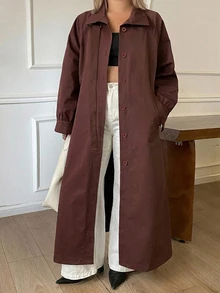 Dazy Plus Solid Color Loose Long Belt Elegant Street Vacation Spring Autumn Long Trench Coat - Brown - View 6