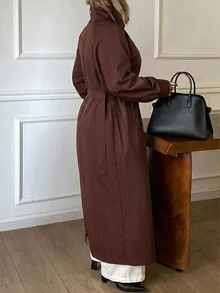 Dazy Plus Solid Color Loose Long Belt Elegant Street Vacation Spring Autumn Long Trench Coat - Brown - View 2