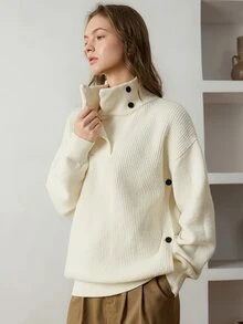 Dazy-Less Women's Solid Color Drop Shoulder Long Sleeve Turtleneck Casual Versatile Sweater Fall - White - View 6