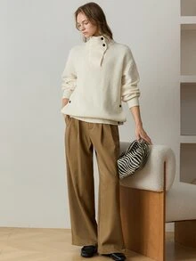 Dazy-Less Women's Solid Color Drop Shoulder Long Sleeve Turtleneck Casual Versatile Sweater Fall - White - View 7