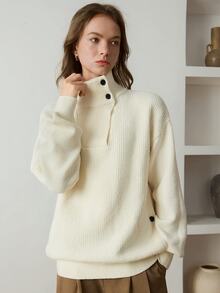 Dazy-Less Women's Solid Color Drop Shoulder Long Sleeve Turtleneck Casual Versatile Sweater Fall - White - View 5