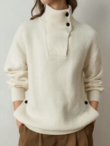 Dazy-Less Women's Solid Color Drop Shoulder Long Sleeve Turtleneck Casual Versatile Sweater Fall - White - View 8