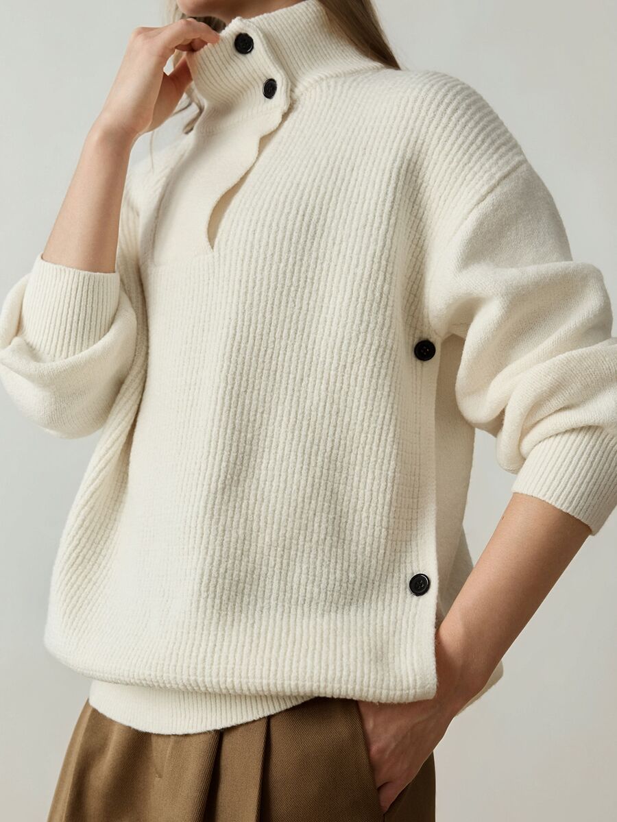 Dazy-Less Women's Solid Color Drop Shoulder Long Sleeve Turtleneck Casual Versatile Sweater Fall - White - View 1