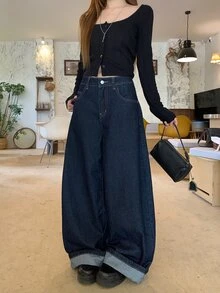 DAZY Celana Jeans Wanita Model Longgar Kasual dengan Motif Patchwork yang Dicuci untuk Musim Gugur - Biru - View 4