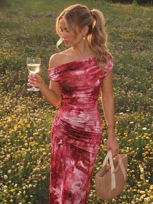 SHEIN MOD 女款 1 件裝 紮染花卉印花抓皺單肩無袖長洋裝，酒紅色甜美 Coquette 風格少女派對洋裝，適合秋季聖誕穿搭 - 酒紅色 - 查看 3