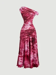 SHEIN MOD 女款 1 件裝 紮染花卉印花抓皺單肩無袖長洋裝，酒紅色甜美 Coquette 風格少女派對洋裝，適合秋季聖誕穿搭 - 酒紅色 - 查看 10