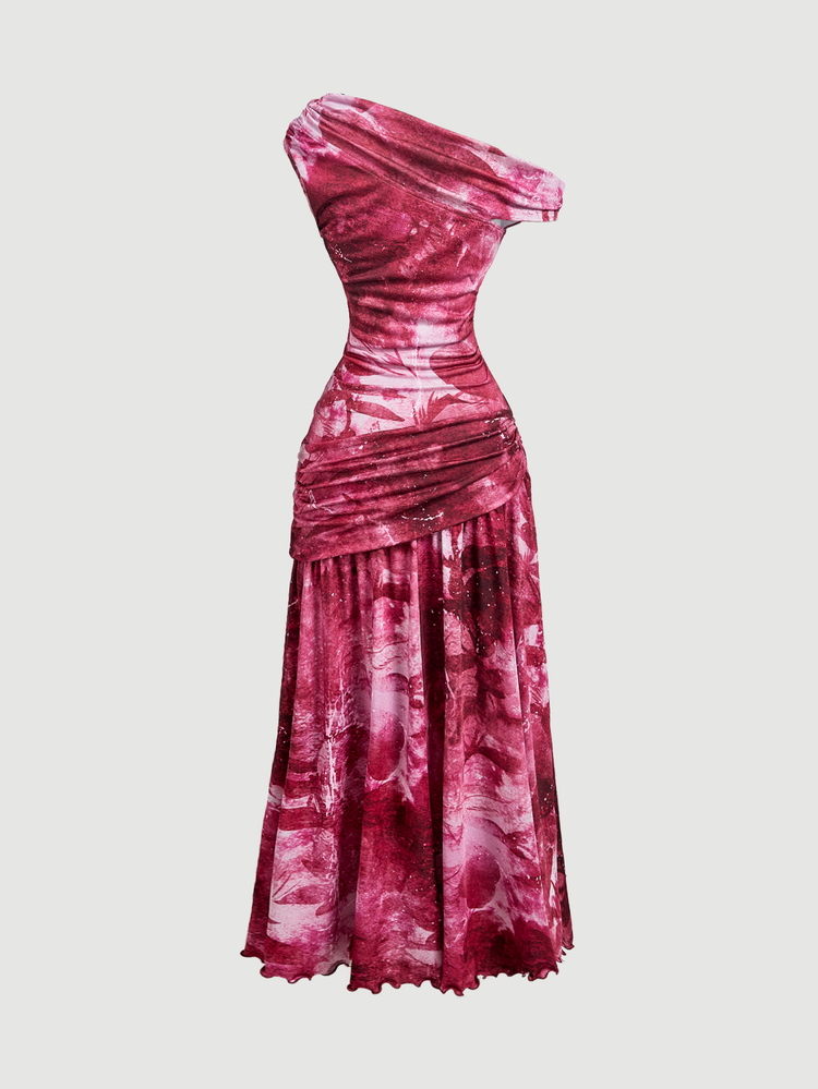 SHEIN MOD Women's 1pc Tie Dye Floral Print Ruched One Shoulder Sleeveless Maxi Long Dress, Wine Red Sweet Coquette Girly Party Dress For Fall Christmas Outfit - Burgundy - View 10