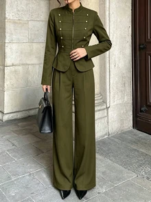SHEIN PariChic 女款長袖兩件套，修身長袖上衣配立領、前金屬拉鍊與金屬蘑菇鈕扣，拿破崙風格長袖套裝，鬆身長直筒褲配鬆緊腰帶與側口袋，時尚優雅，街頭風，通勤、約會、派對適用 - 軍綠色 - 查看 4