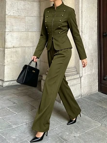 SHEIN PariChic 女款長袖兩件套，修身長袖上衣配立領、前金屬拉鍊與金屬蘑菇鈕扣，拿破崙風格長袖套裝，鬆身長直筒褲配鬆緊腰帶與側口袋，時尚優雅，街頭風，通勤、約會、派對適用 - 軍綠色 - 查看 5