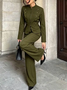 SHEIN PariChic 女款長袖兩件套，修身長袖上衣配立領、前金屬拉鍊與金屬蘑菇鈕扣，拿破崙風格長袖套裝，鬆身長直筒褲配鬆緊腰帶與側口袋，時尚優雅，街頭風，通勤、約會、派對適用 - 軍綠色 - 查看 3