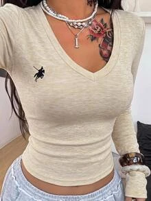Coolane 女款大尺碼秋季街頭風休閒性感日常穿著優雅正式外出舒適米色保暖針織彈性V領長袖T恤 - 米色 - 查看 4