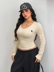 Coolane 女款大尺碼秋季街頭風休閒性感日常穿著優雅正式外出舒適米色保暖針織彈性V領長袖T恤 - 米色 - 查看 8