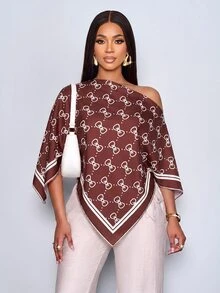 SOLERSUN Sexy Elegant Casual Women's Bow Knot Pattern Asymmetrical Shoulder Design Shirt Party Brunch Brown And White Summer - Brown - View 6
