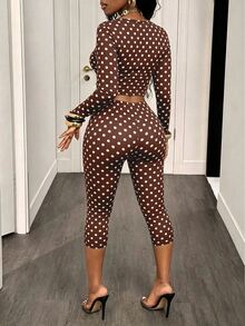 BamGleam Women Autumn Brown And White Polka Dot Mesh 2 Pieces Outfit, Deep V Long Sleeve Crop Top High Waist Skinny Shorts Set Night Out Going Out Retro Sexy - Brown - View 3