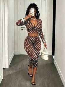BamGleam Women Autumn Brown And White Polka Dot Mesh 2 Pieces Outfit, Deep V Long Sleeve Crop Top High Waist Skinny Shorts Set Night Out Going Out Retro Sexy - Brown - View 6
