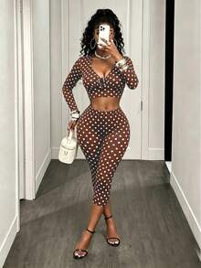 BamGleam Women Autumn Brown And White Polka Dot Mesh 2 Pieces Outfit, Deep V Long Sleeve Crop Top High Waist Skinny Shorts Set Night Out Going Out Retro Sexy - Brown - View 5