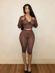 BamGleam Women Autumn Brown And White Polka Dot Mesh 2 Pieces Outfit, Deep V Long Sleeve Crop Top High Waist Skinny Shorts Set Night Out Going Out Retro Sexy - Brown - View 2