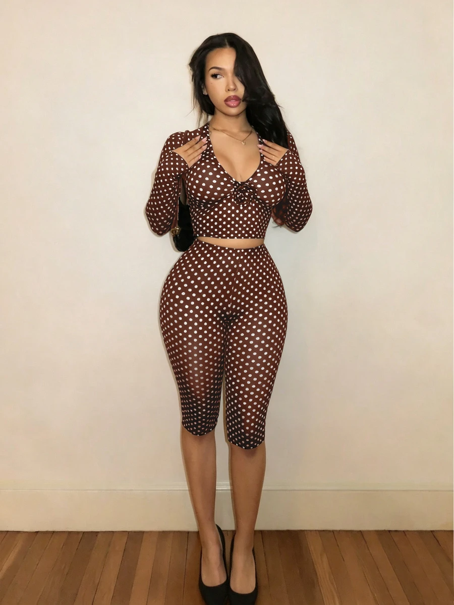 BamGleam Women Autumn Brown And White Polka Dot Mesh 2 Pieces Outfit, Deep V Long Sleeve Crop Top High Waist Skinny Shorts Set Night Out Going Out Retro Sexy