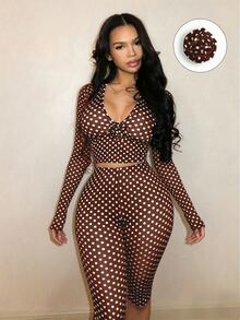 BamGleam Women Autumn Brown And White Polka Dot Mesh 2 Pieces Outfit, Deep V Long Sleeve Crop Top High Waist Skinny Shorts Set Night Out Going Out Retro Sexy - Brown - View 4