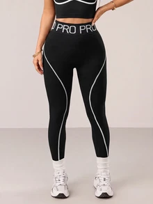 SHEIN Dewbera Contrast Stitching Athletic Leggings - Black - View 6