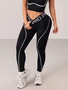 SHEIN Dewbera Contrast Stitching Athletic Leggings - Black - View 7