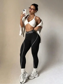 SHEIN Dewbera Contrast Stitching Athletic Leggings - Black - View 2