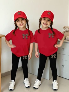 Elladie kids 女童豹紋愛心蝴蝶結短袖T恤與內搭褲套裝，粉色白色休閒穿搭，2件組 - 彩色 - 查看 3