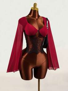 Mistrie YK2 "Hot Lady" Ladies' New Autumn-Winter Net And Lace Fabric Patchwork Shirt With Netted Trumpet Sleeves And Open Design. This Blouse Is Suitab - Burgundy - View 7