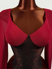 Mistrie YK2 "Hot Lady" Ladies' New Autumn-Winter Net And Lace Fabric Patchwork Shirt With Netted Trumpet Sleeves And Open Design. This Blouse Is Suitab - Burgundy - View 8