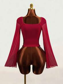 Mistrie YK2 "Hot Lady" Ladies' New Autumn-Winter Net And Lace Fabric Patchwork Shirt With Netted Trumpet Sleeves And Open Design. This Blouse Is Suitab - Burgundy - View 3